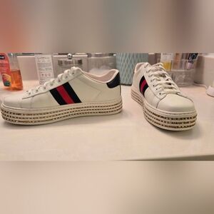 Gucci White Sneakers with Red and Black Stripes